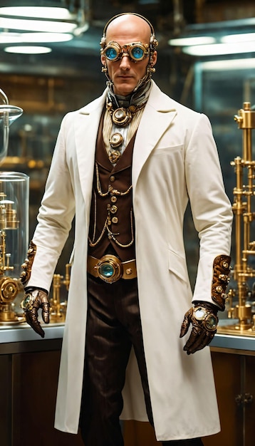 photo of cyborg steampunk man in apocalyptic world generative AI