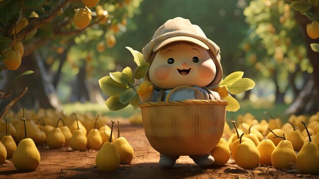 photo of a D character carrying a basket of pears through an orchard