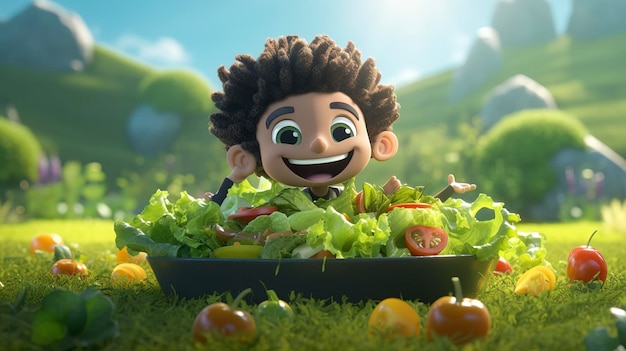 Photo photo of a d character enjoying a healthy salad outdoors