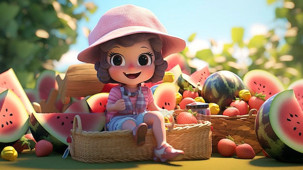 photo of a D character enjoying a picnic surrounded by a variety of fruits