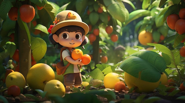 photo of a D character exploring a lush fruit garden