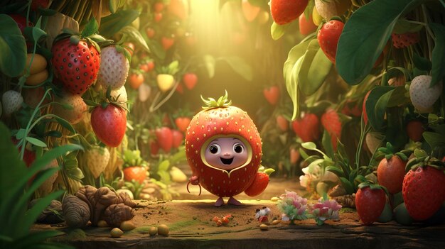 photo of a D character exploring a lush fruit garden