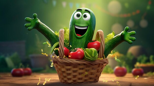 photo of a D character holding a basket of farmfresh cucumbers