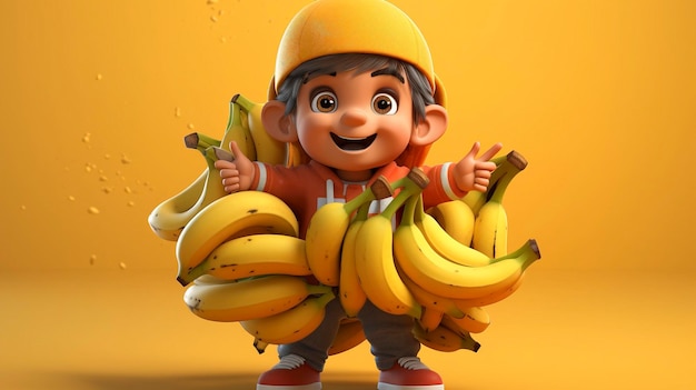 익은 바나나 한 어리를 들고 있는 D 캐릭터의 사진