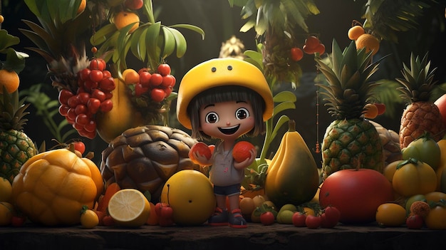 фотография персонажа D, окруженного обилием экзотических фруктов