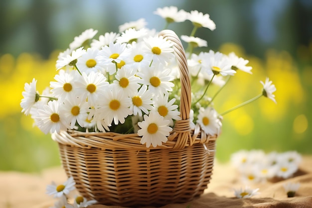 Photo of Daisies in a basket with a rainbow in the bac