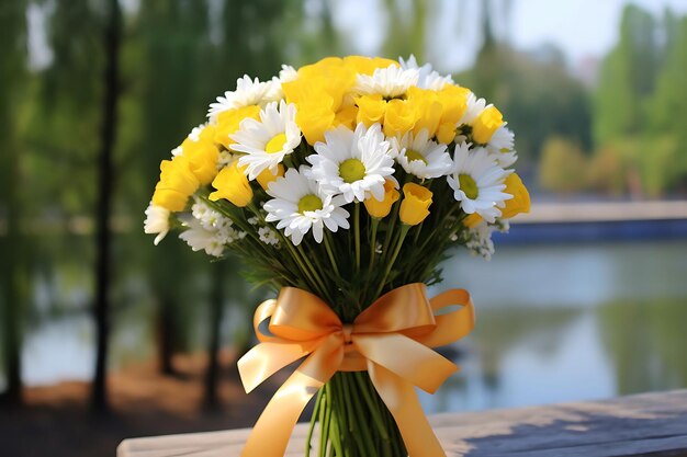 Photo of Daisy bouquet with a ribbon and bow