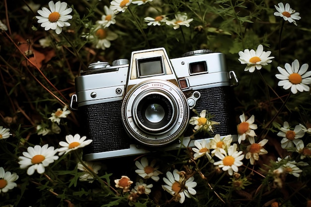 Photo of Daisy flowers with a retro camera as a prop