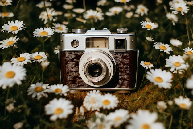 Photo of Daisy flowers with a retro camera as a prop