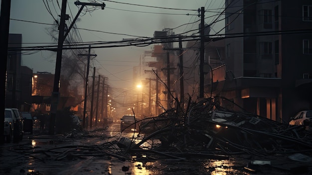 A photo of a damaged power line with wires tangled and broken