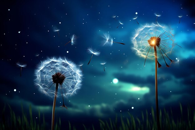 Foto foto di semi di tarassaco contro un cielo stellato notturno