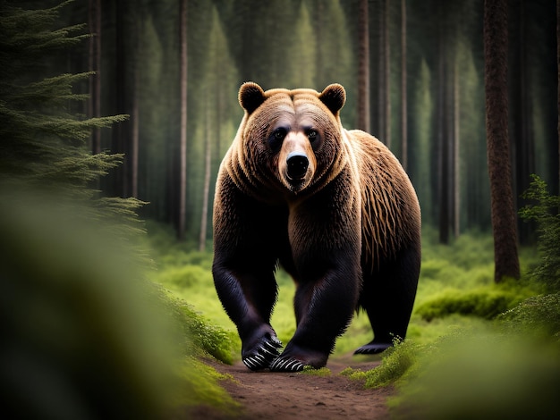 Сфотографируйте опасного бурого медведя гризли в лесу, снятого на камеру DSLR.