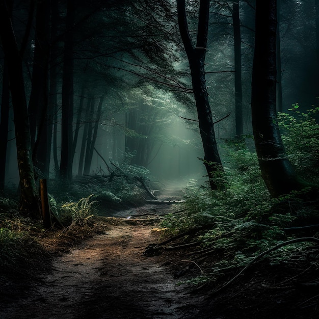 photo of a dark forest at night