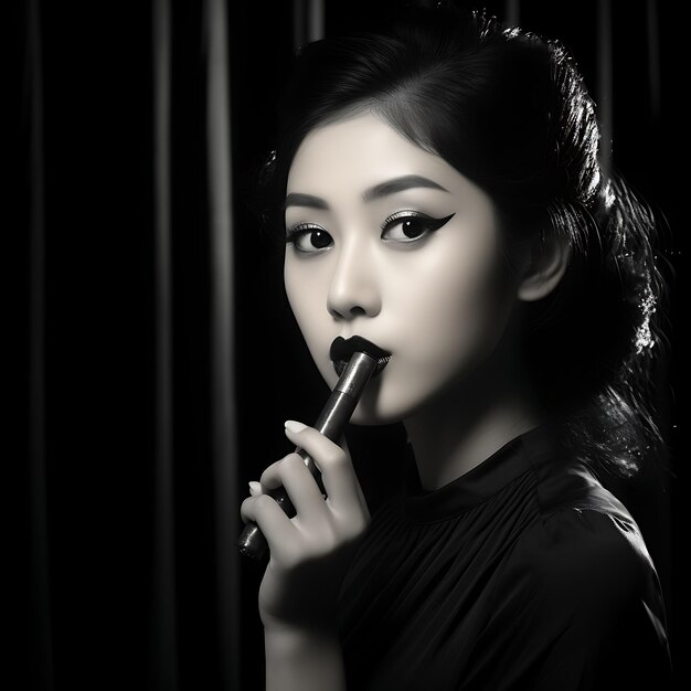 Photo of Dark Haired Asian Woman Holding a Lip Gloss Tube Black and W Concept Idea