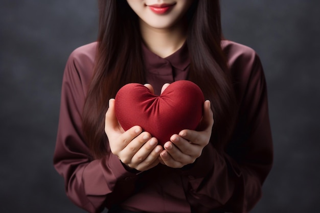 Photo of dark red one Heart in girl hand focus of heart Valentines day concept generative ai