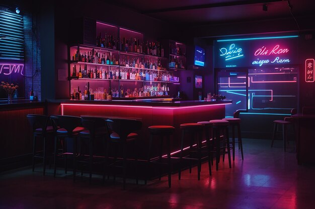 Photo of a dark room with a bar and neon lights