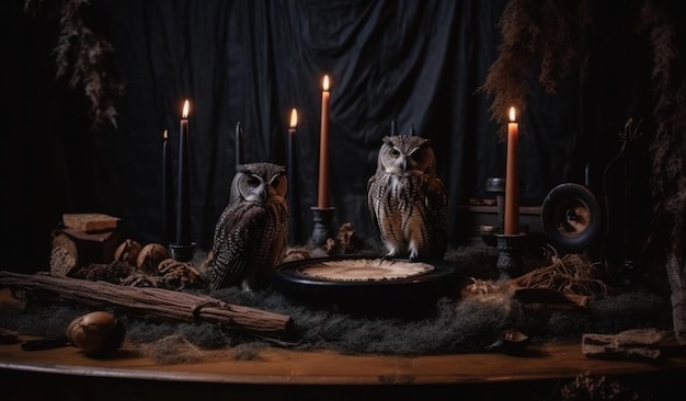 A photo of a dark room with a group of owls on the table and candles on the table.