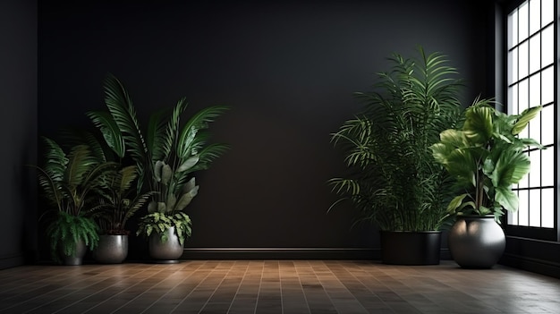 暗い壁の空っぽの部屋で 床に植物がある写真 生成的なAI
