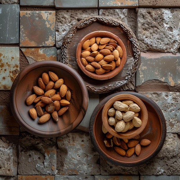 photo dates and almonds in clay plates on wooden and stone tile background side view