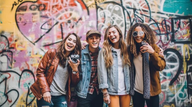 Photo Day A group of friends posing playfully in front of a colorful graffiti wall They are all ho