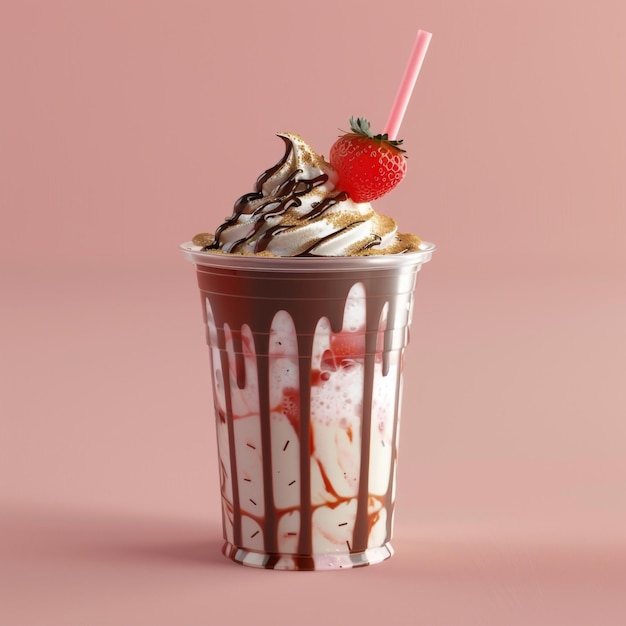 Photo of a decadent vanilla milkshake with cake pieces cookie crumbles and chocolate