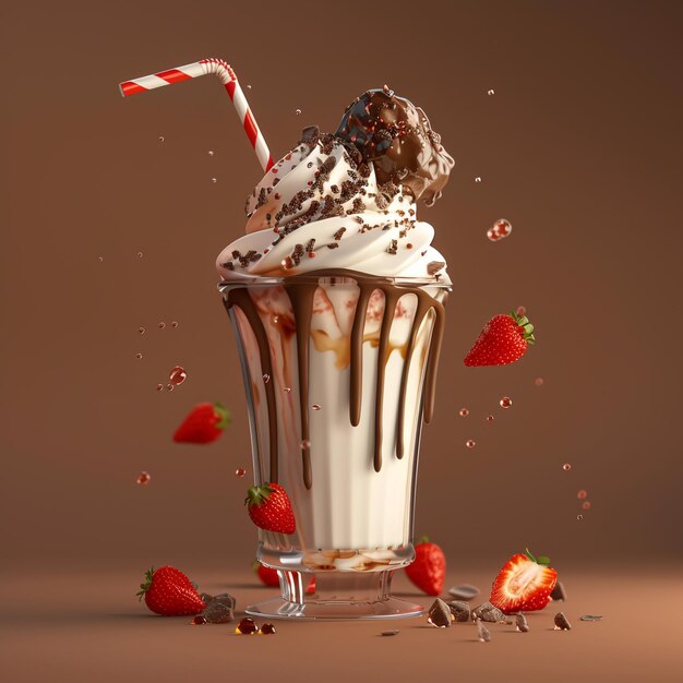 Photo of a decadent vanilla milkshake with cake pieces cookie crumbles and chocolate