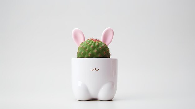 Photo of decorated cactus with rabbit ears as houseplant in minimalist pot