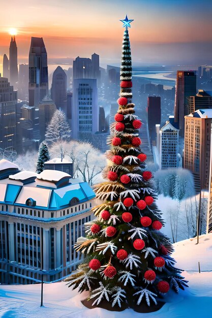 Foto foto di albero di natale decorato capodanno su sfondo invernale paesaggio urbano sfocato