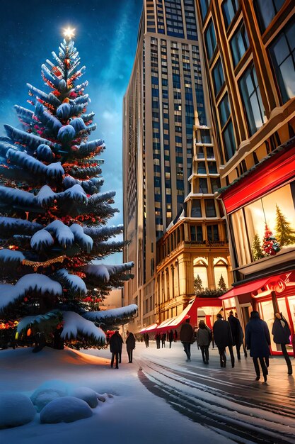 Фото Фото украшенная новогодняя елка на размытом зимнем фоне городского пейзажа