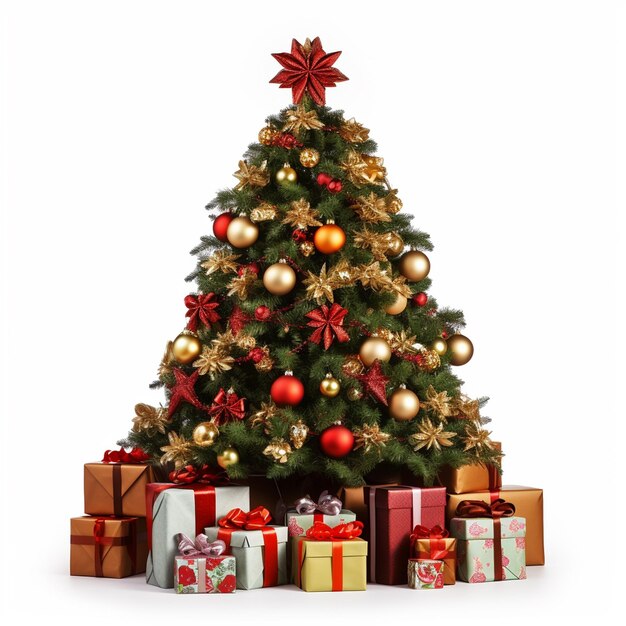 A photo decorated christmas tree with gifts isolated on white background
