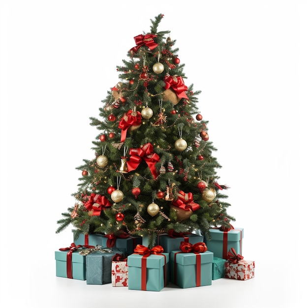 A photo decorated christmas tree with gifts isolated on white background