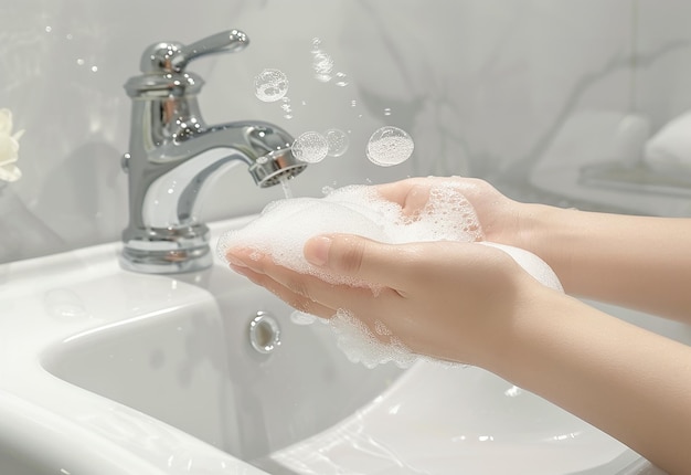 Foto foto di pulizia profonda lavando le mani con bolle di polso d'acqua e sapone nel lavandino del bagno