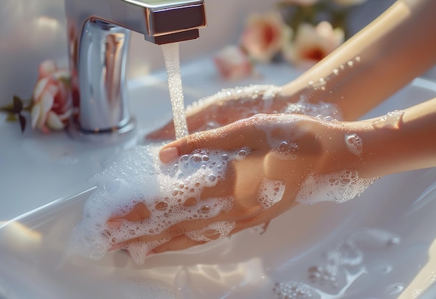 Foto di pulizia profonda lavando le mani con bolle di polso d'acqua e sapone nel lavandino del bagno