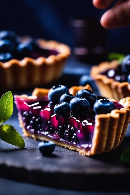 Photo of delicious blueberry tart with blueberry dark lghiting fresh healthy food backgrund