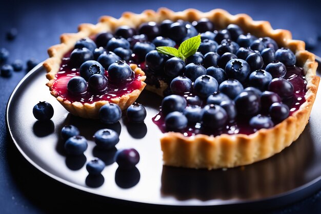 photo of delicious blueberry tart with blueberry dark lghiting Fresh healthy food backgrund