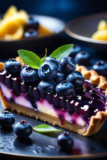 Photo of delicious blueberry tart with blueberry dark lghiting fresh healthy food backgrund