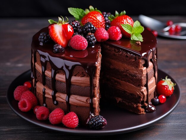 Photo delicious chocolate cake with strawberries on a wood plate