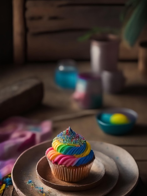 фото вкусного кекса с радужной глазурью