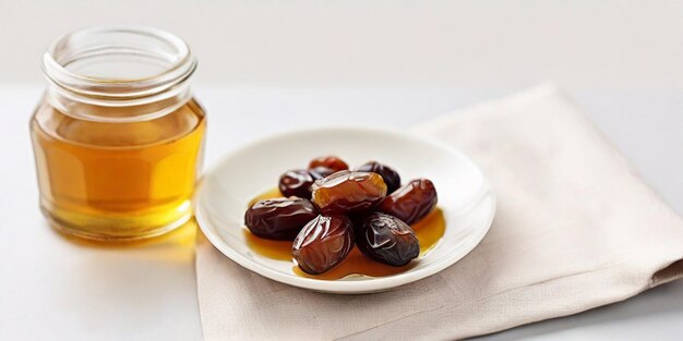 photo of delicious dates and a glass of honey on a white table 11