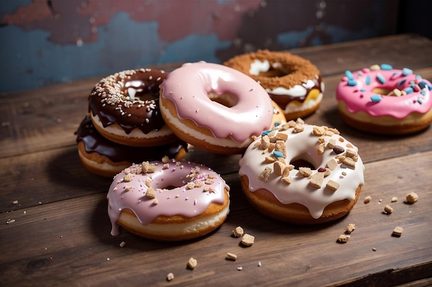 Photo delicious donuts on rustic wooden table food concept
