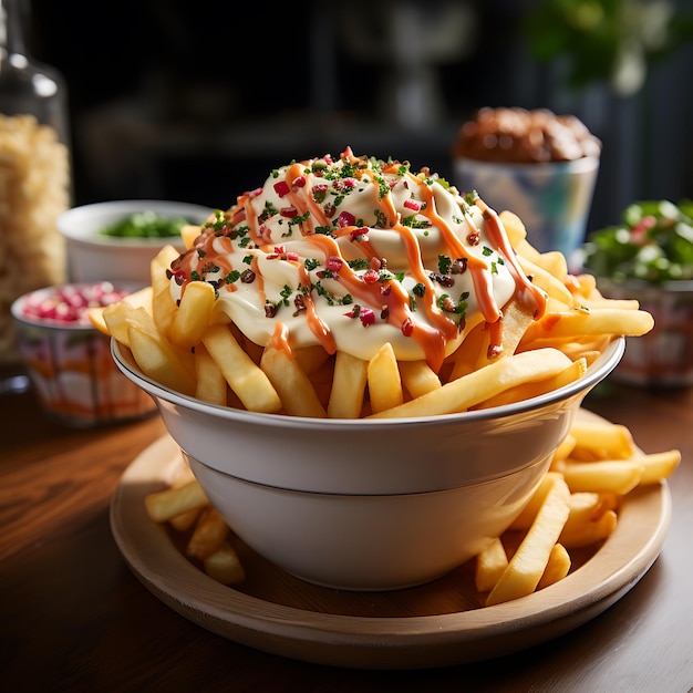 photo of delicious fries with mayonnaise to go