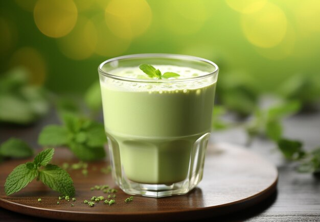 Photo delicious green shake in a glass on a wood table behind blur natural background