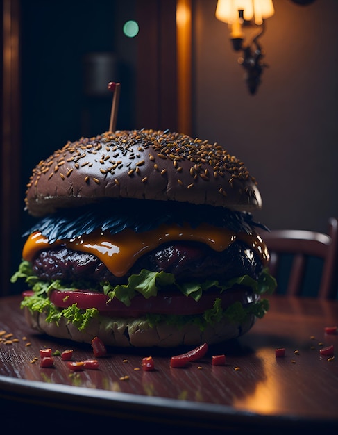 Photo of a delicious hamburger on a rustic wooden table