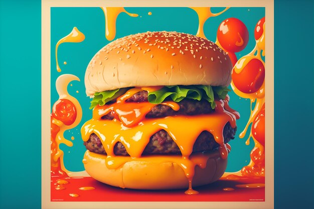 Photo of a delicious hamburger with cheese and ketchup on a vibrant blue background