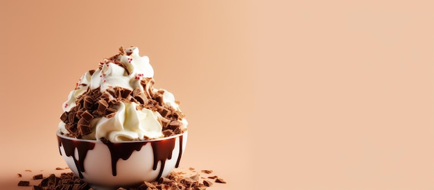 Photo of a delicious ice cream sundae with chocolate sauce and fluffy whipped cream with copy space