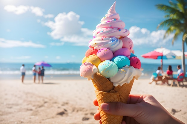 photo delicious ice cream in waffle cones in hands on the beach background