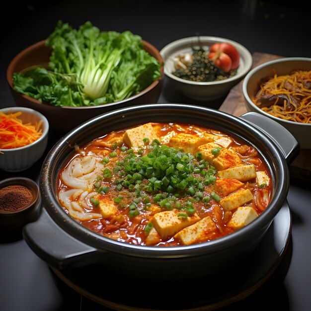 Photo photo of delicious kimchi jjigae in a black bowl