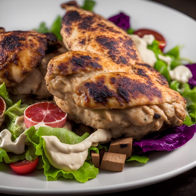 Photo of a delicious meal featuring meat and salad on a white plate created AI