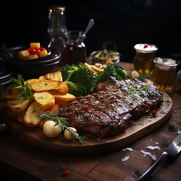 photo of a delicious medium steak with fries and grilled vegetables the steak is perfect medium and