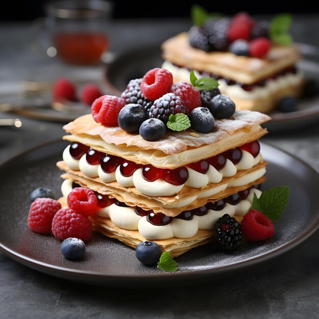 Photo of delicious mille feuille with berries